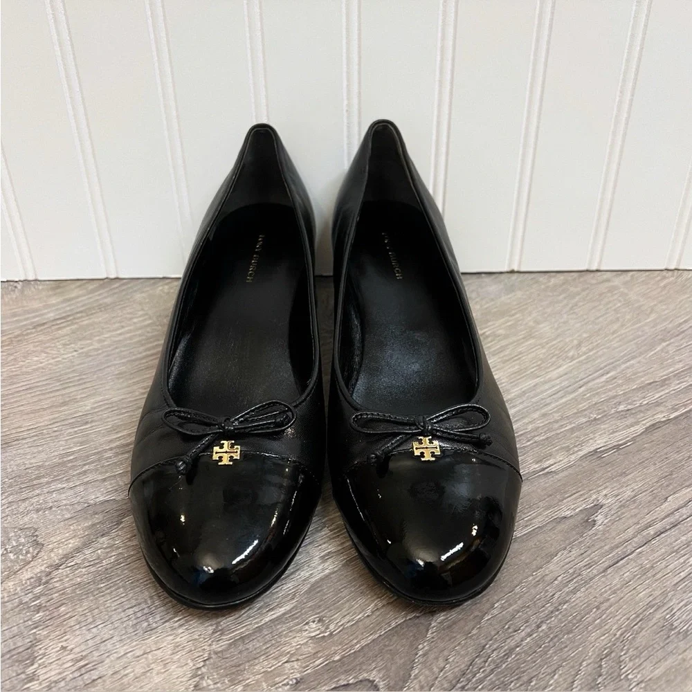 TORY BURCH Mixed Black Leather Cap-Toe Ballerina Block Pumps Size 7 - Picture 6 of 14